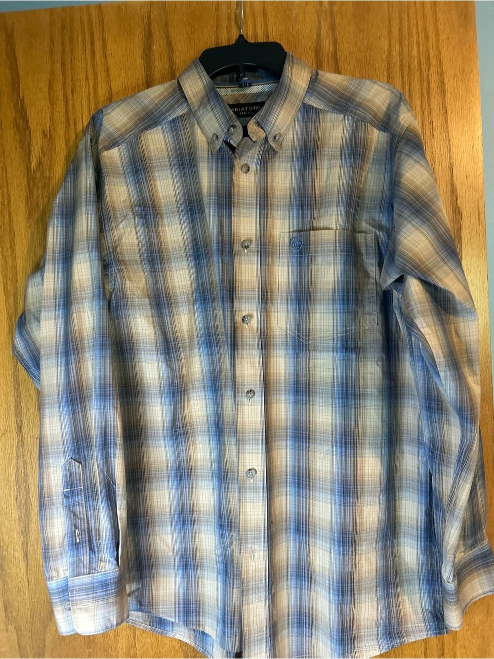 Ariat Pro Series Men’s Medium Plaid Long Sleeve Western Shirt Blue Tan